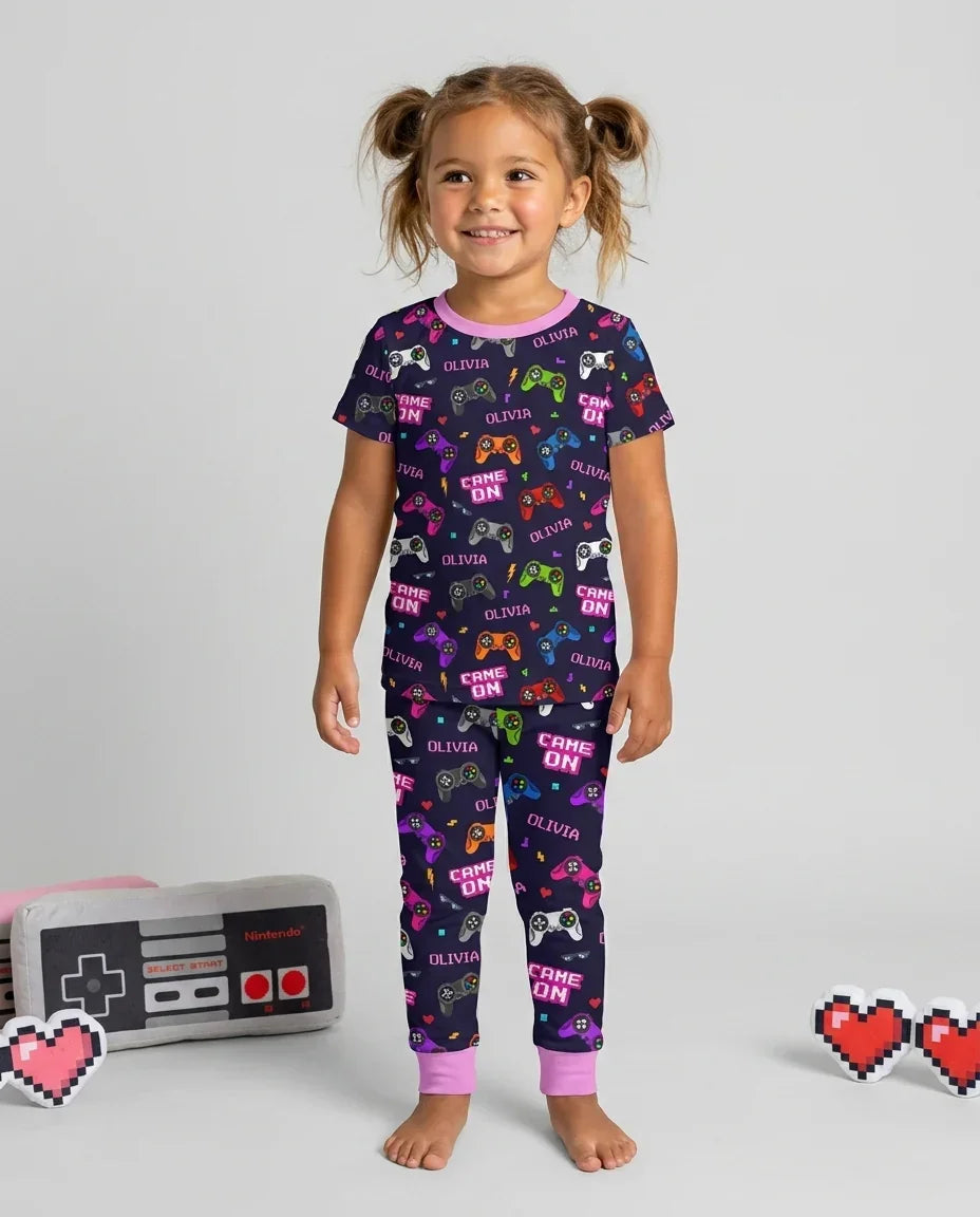 Custom Name Game On Family Matching Bamboo Two Piece Short Sleeve Pajama Set
