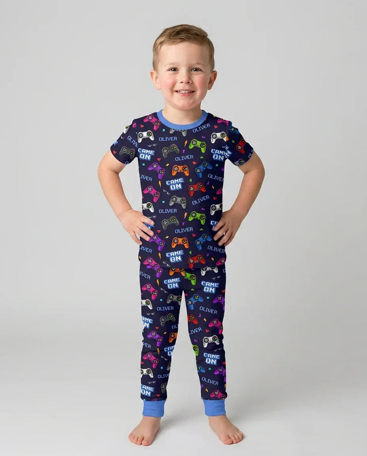 Custom Name Game On Family Matching Bamboo Two Piece Short Sleeve Pajama Set