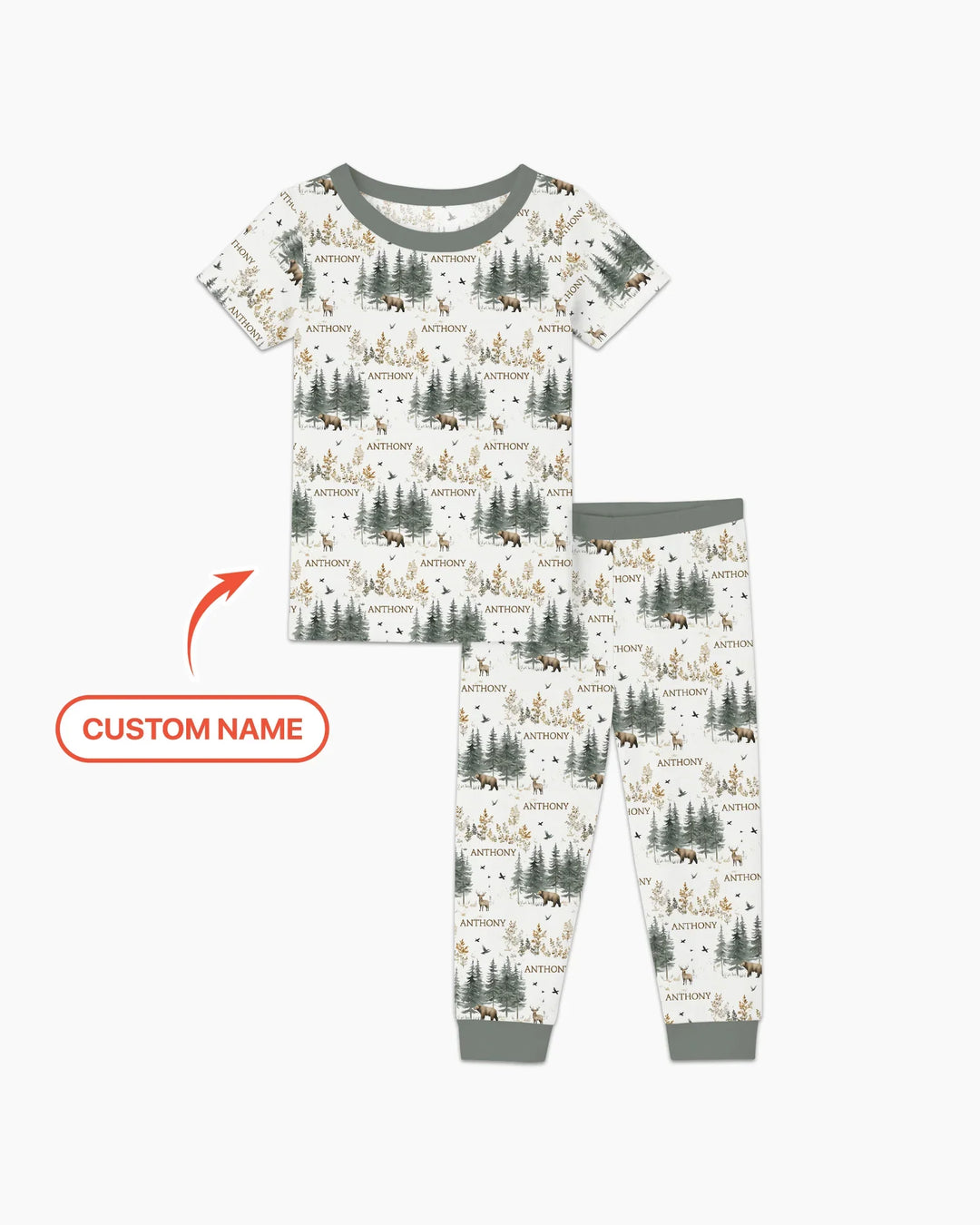 Conjunto de pijama de dos piezas de manga corta con nombre personalizado, bosque, oso, ciervo y bambú