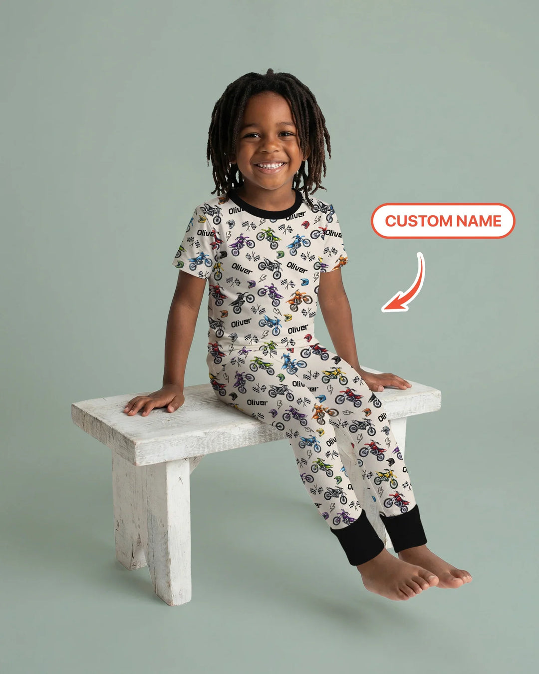 Custom Name Little Dirt Bike Rider Bamboo Two Piece Short Sleeve Pajama Set