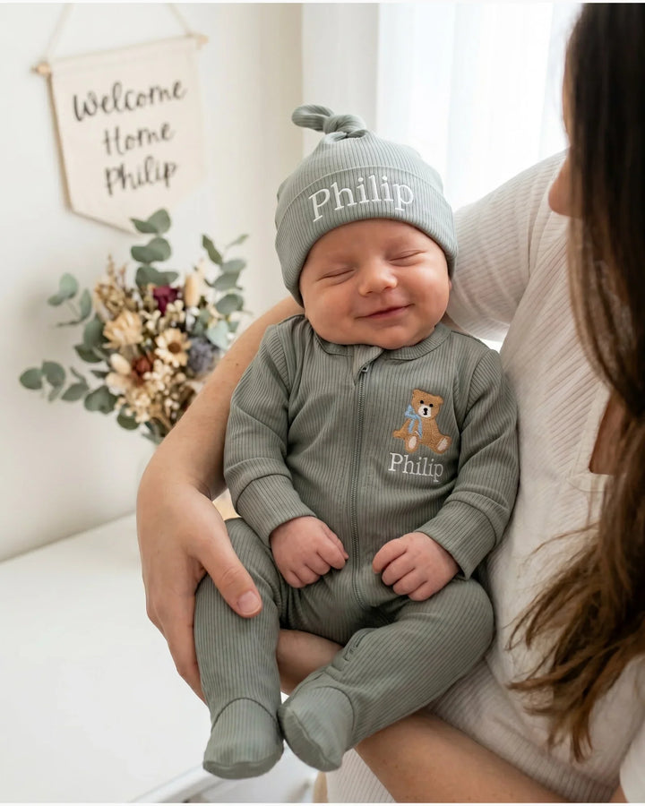Personalized Teddy Bear Embroidered Ribbed Bamboo Welcome Home Bundle