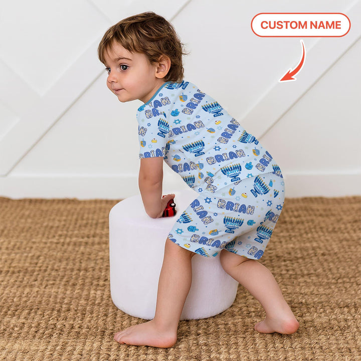 Custom name Happy Hanukkah 2025 Two Piece Short Sleeve Shorts Pajama Set