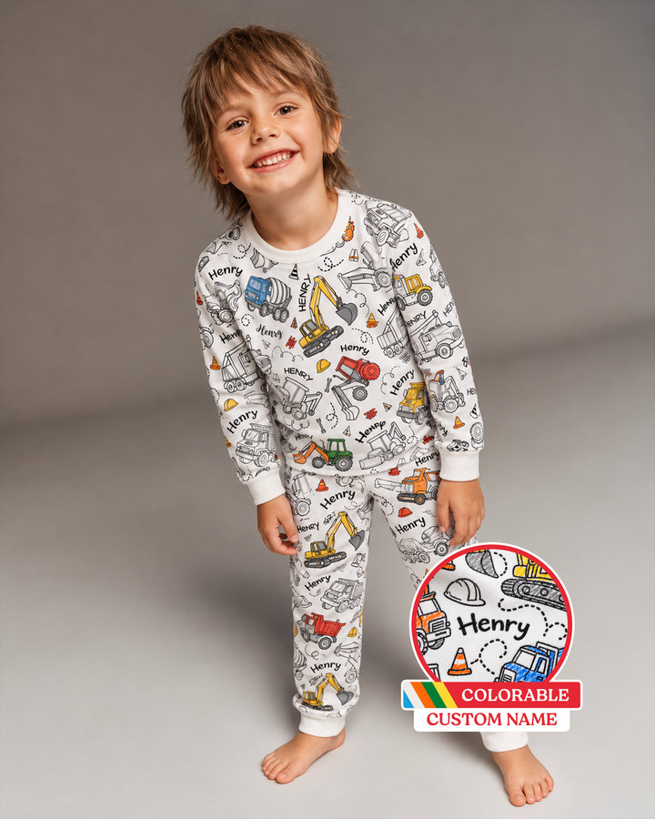 Vehículos de Construcción Pijama de Dos Piezas de Bambú de Manga Larga con Nombre Personalizable y Coloreable