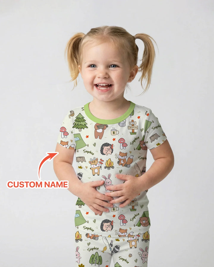 Custom Name Little Camp Buddies Bamboo Two Piece Short Sleeve Pajama Set