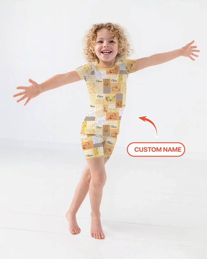 Personalized Classic Bear Patchwork  Bamboo Two Piece Short Sleeve Shorts Pajama Set