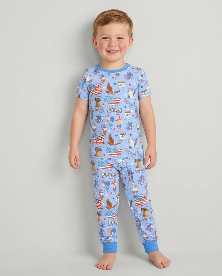 Hand Drawn Patriotic Iconic Bamboo Two Piece Short Sleeve Pajama Set