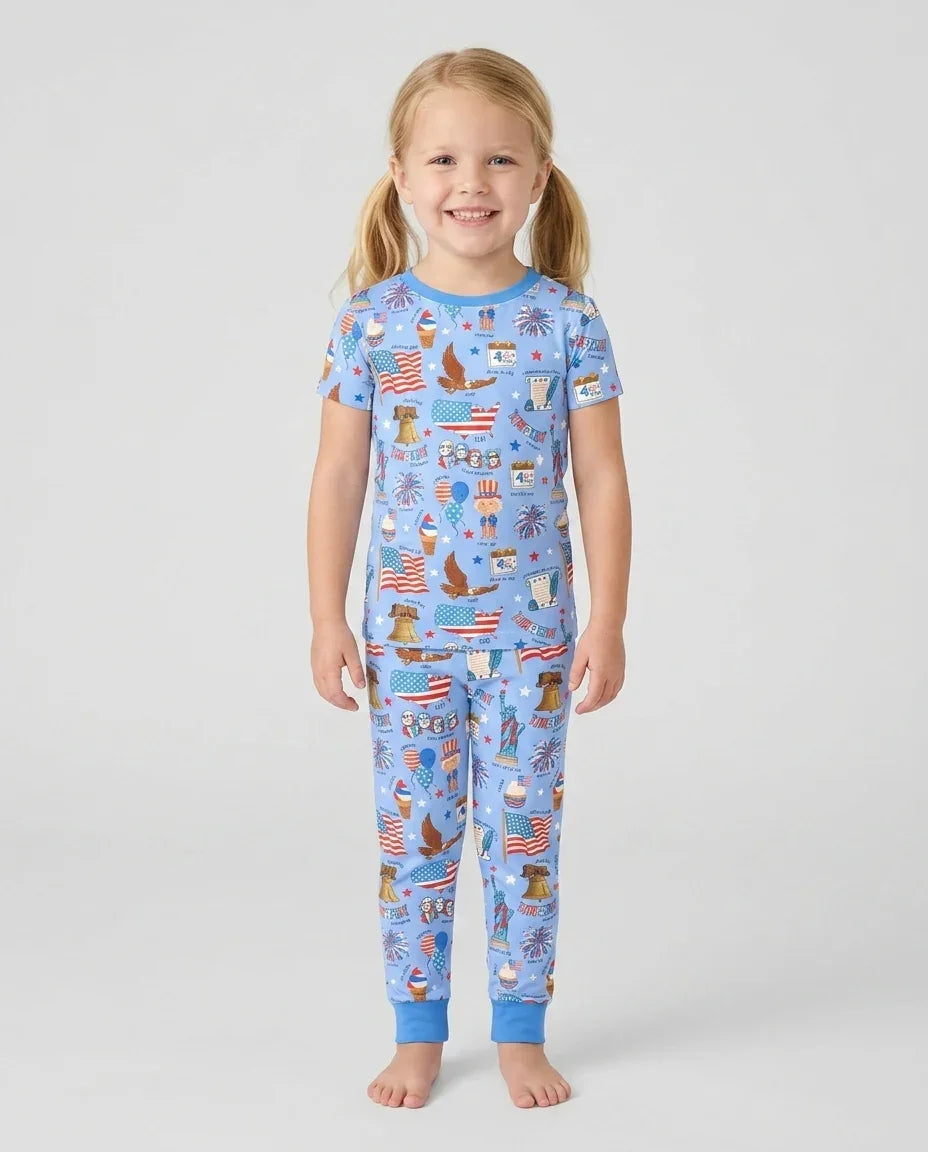 Hand Drawn Patriotic Iconic Bamboo Two Piece Short Sleeve Pajama Set