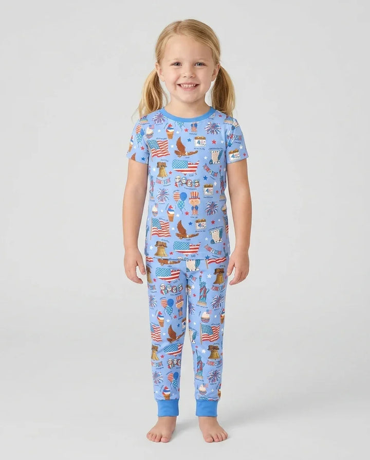 Hand Drawn Patriotic Iconic Bamboo Two Piece Short Sleeve Pajama Set