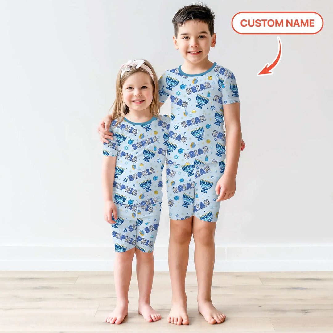 Custom name Happy Hanukkah 2025 Two Piece Short Sleeve Shorts Pajama Set