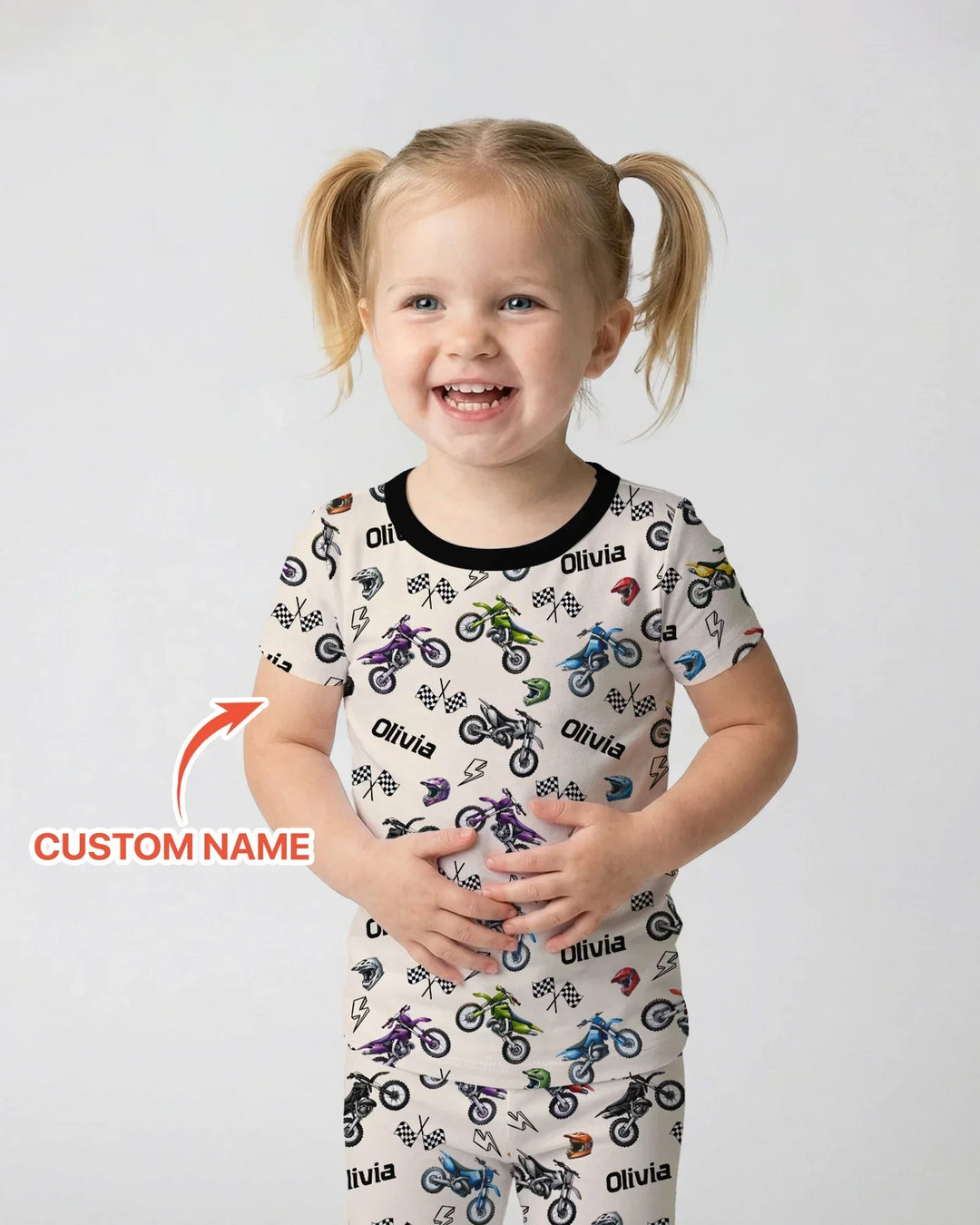 Custom Name Little Dirt Bike Rider Bamboo Two Piece Short Sleeve Pajama Set