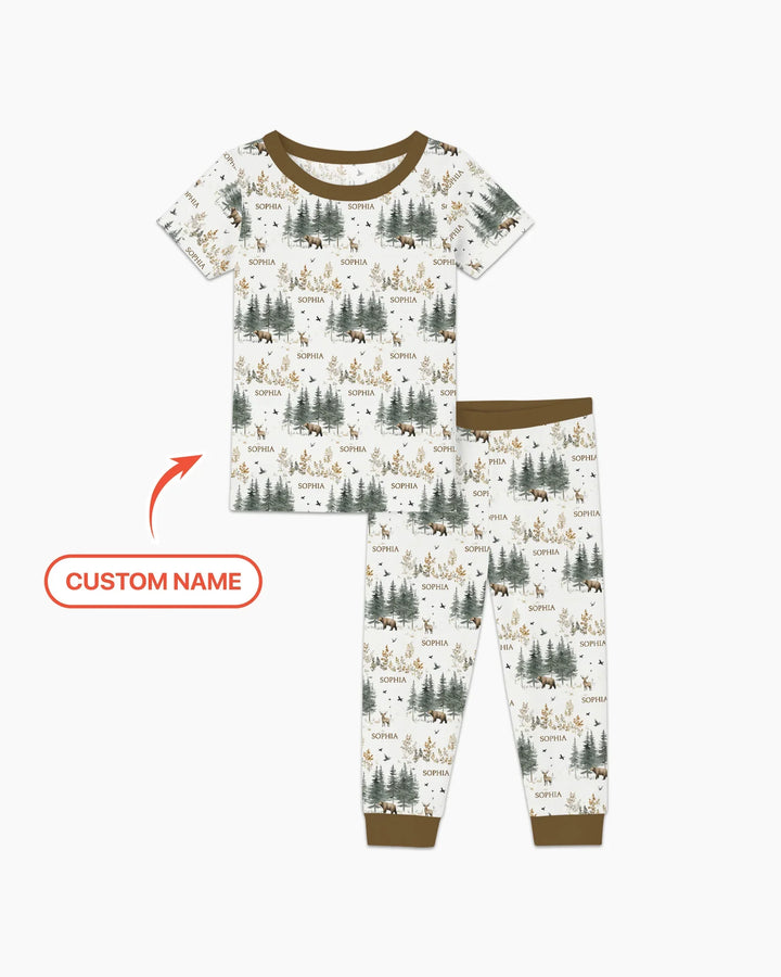 Conjunto de pijama de dos piezas de manga corta con nombre personalizado, bosque, oso, ciervo y bambú