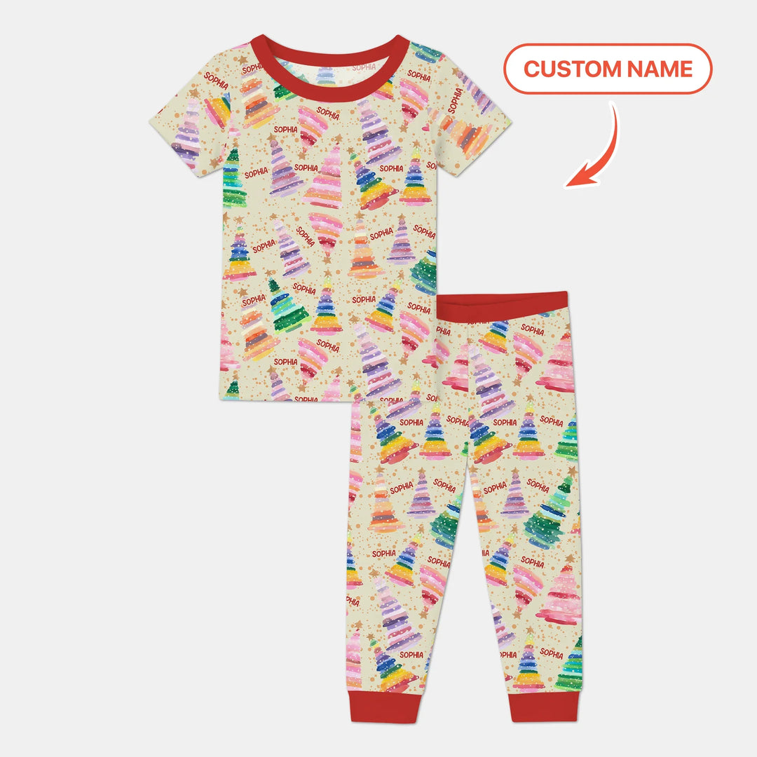 Personalized Twinkle Christmas Trees Two Piece Short Sleeve Pajama Set