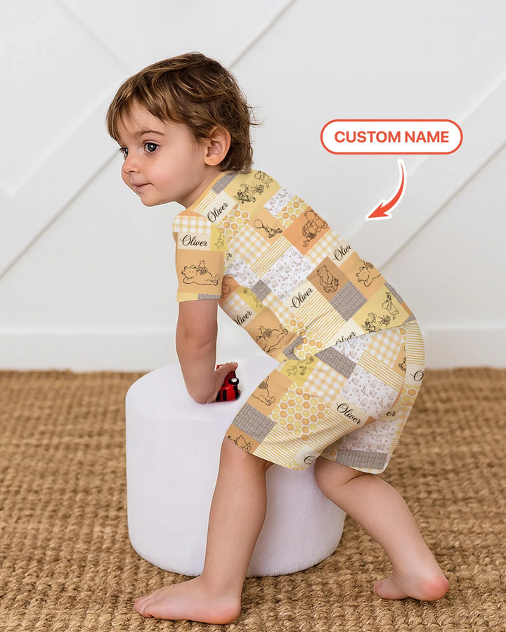 Personalized Classic Bear Patchwork  Bamboo Two Piece Short Sleeve Shorts Pajama Set