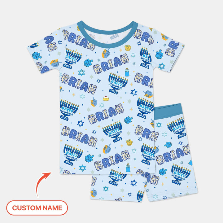 Custom name Happy Hanukkah 2025 Two Piece Short Sleeve Shorts Pajama Set