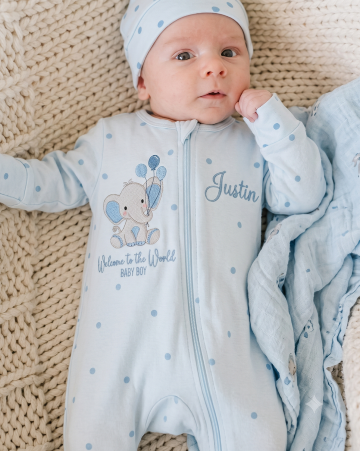 Personalized Welcome Little Elephant Embroidered Bamboo Zipper Footie