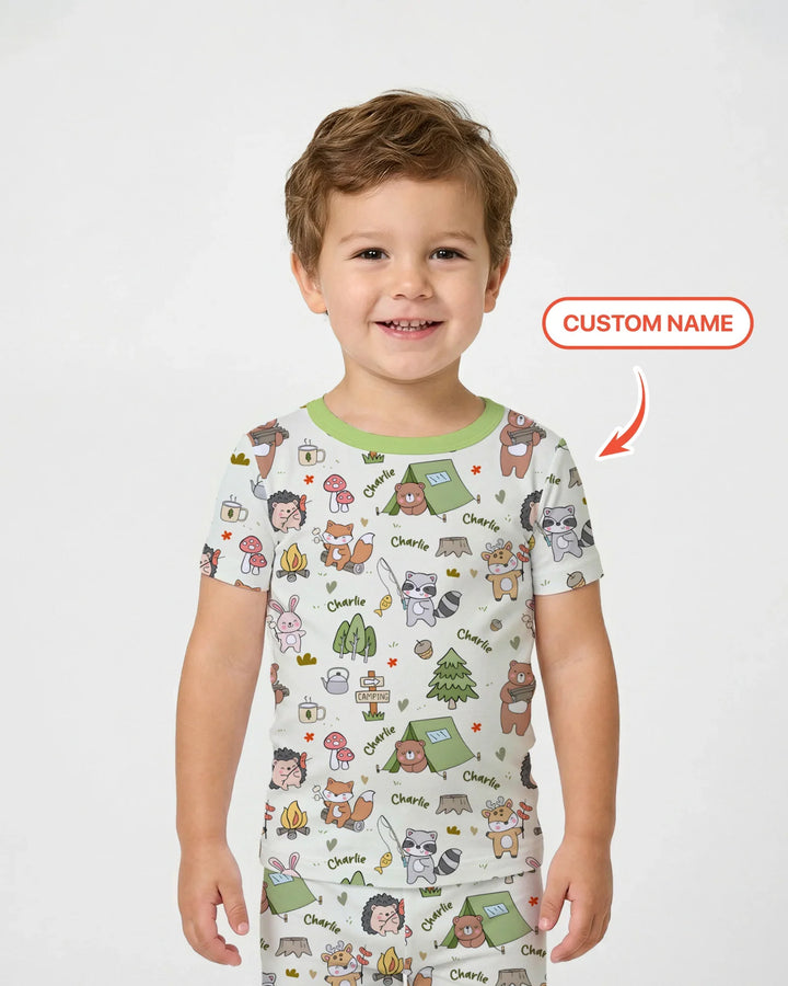 Custom Name Little Camp Buddies Bamboo Two Piece Short Sleeve Pajama Set