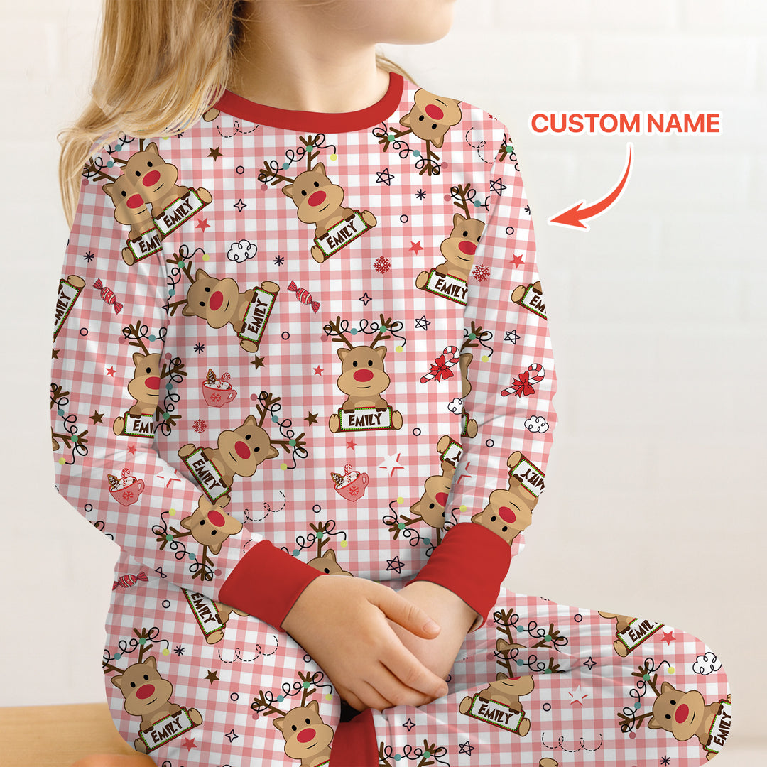 Custom Name Reindeer Gingham Two Piece Long Sleeve Pajama Set