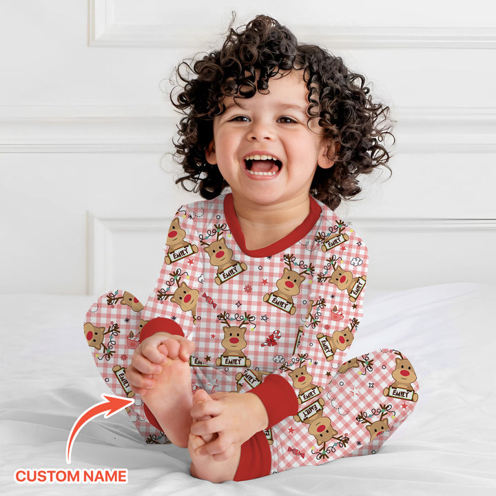 Custom Name Reindeer Gingham Two Piece Long Sleeve Pajama Set