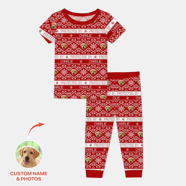 Custom Dog Photo Fair Isle Christmas Two Piece Short Sleeve Pajama Set
