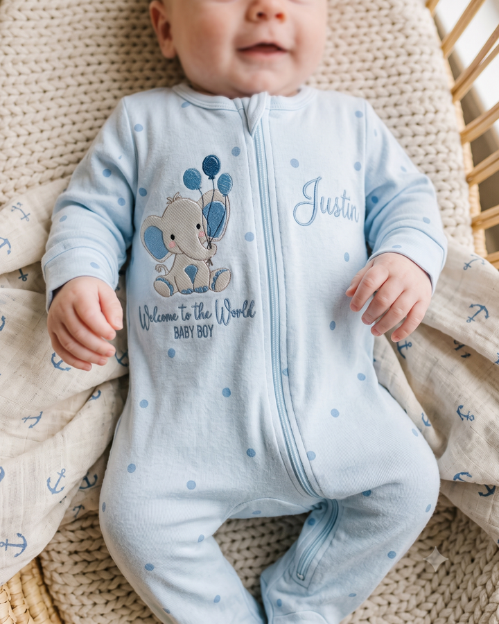 Personalized Welcome Little Elephant Embroidered Bamboo Zipper Footie