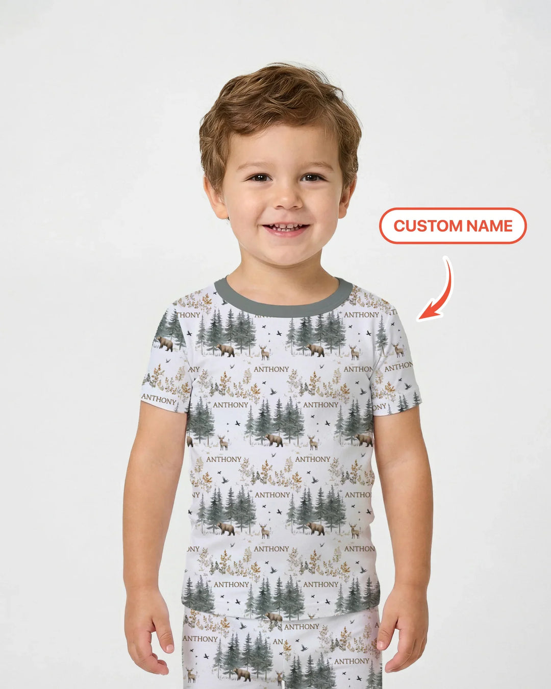 Conjunto de pijama de dos piezas de manga corta con nombre personalizado, bosque, oso, ciervo y bambú
