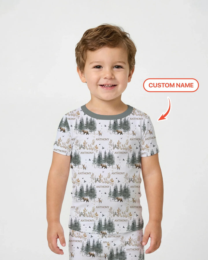 Conjunto de pijama de dos piezas de manga corta con nombre personalizado, bosque, oso, ciervo y bambú