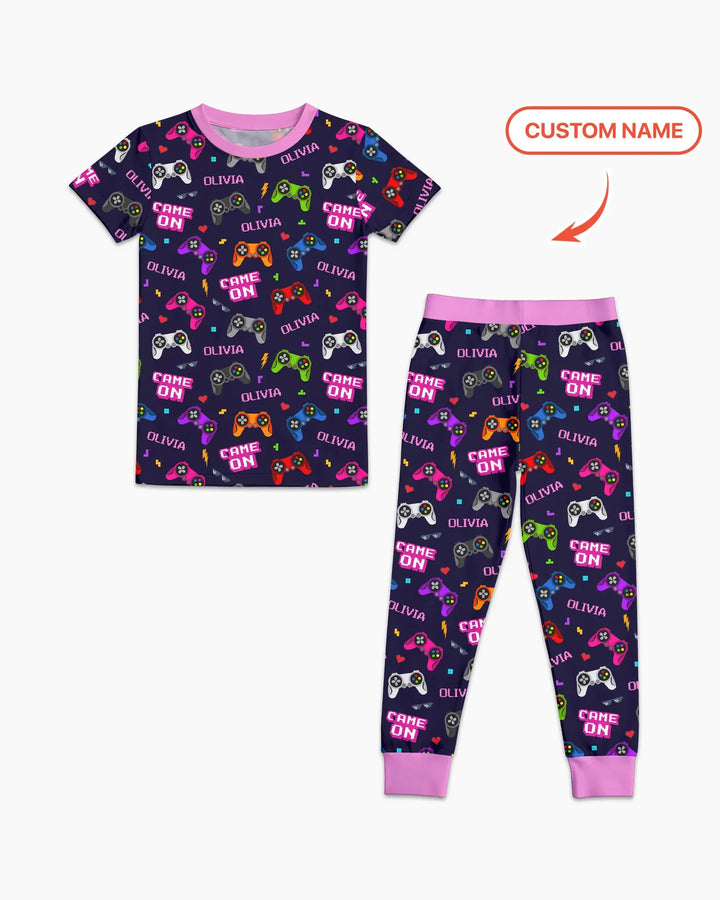 Custom Name Game On Family Matching Bamboo Two Piece Short Sleeve Pajama Set