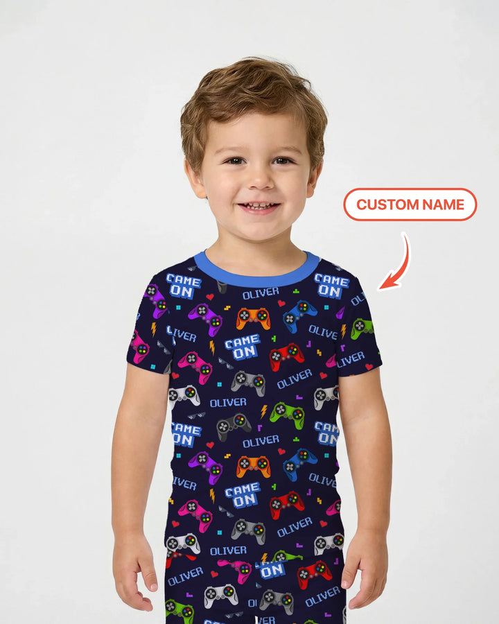 Custom Name Game On Family Matching Bamboo Two Piece Short Sleeve Pajama Set