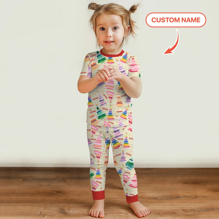 Personalized Twinkle Christmas Trees Two Piece Short Sleeve Pajama Set