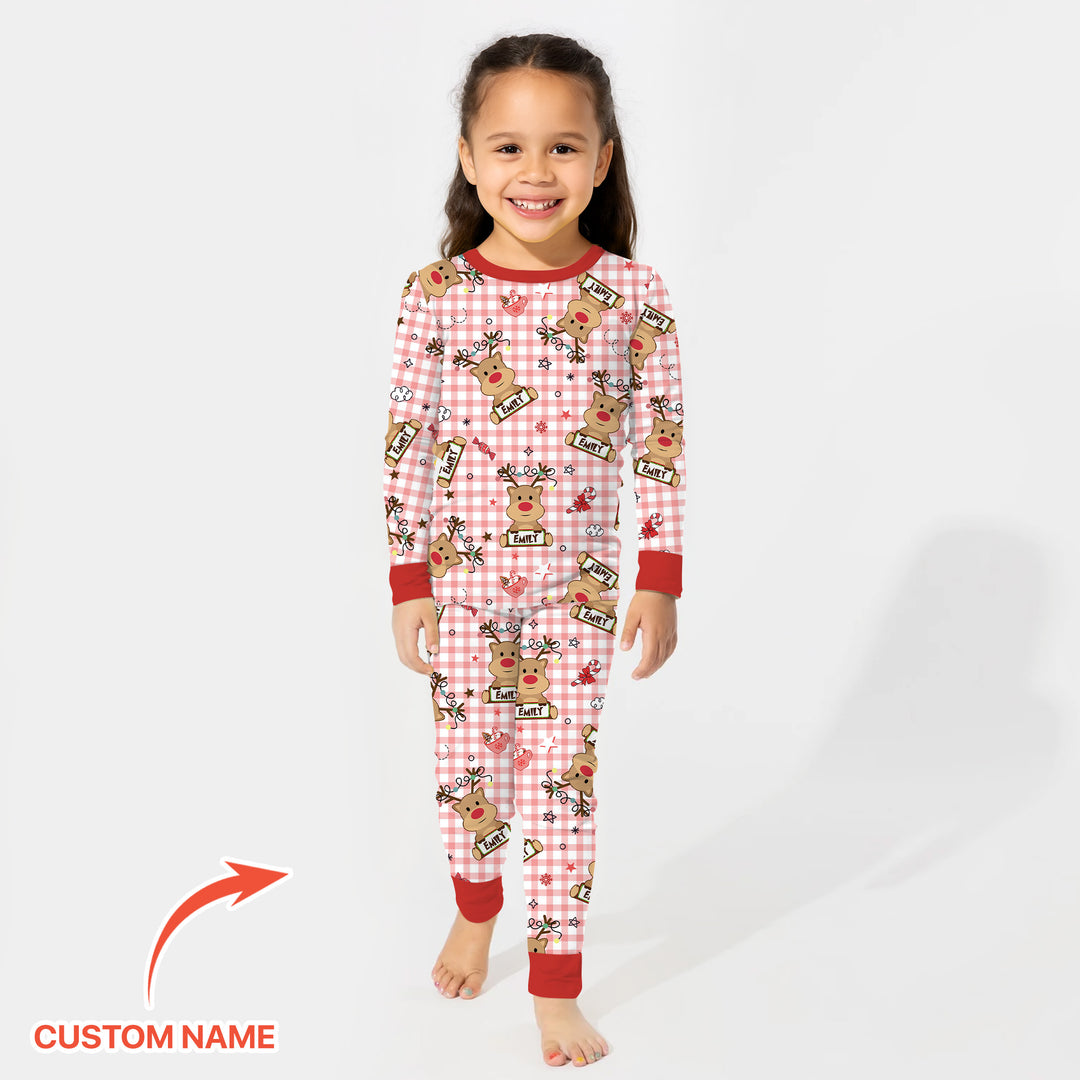 Custom Name Reindeer Gingham Two Piece Long Sleeve Pajama Set