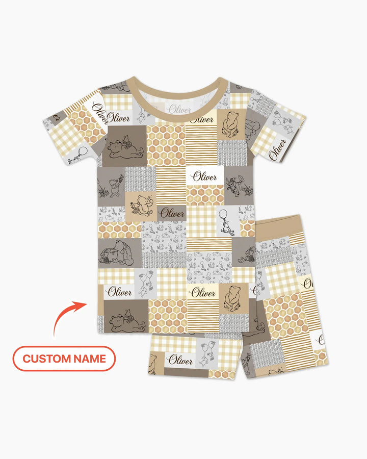 Personalized Classic Bear Patchwork  Bamboo Two Piece Short Sleeve Shorts Pajama Set