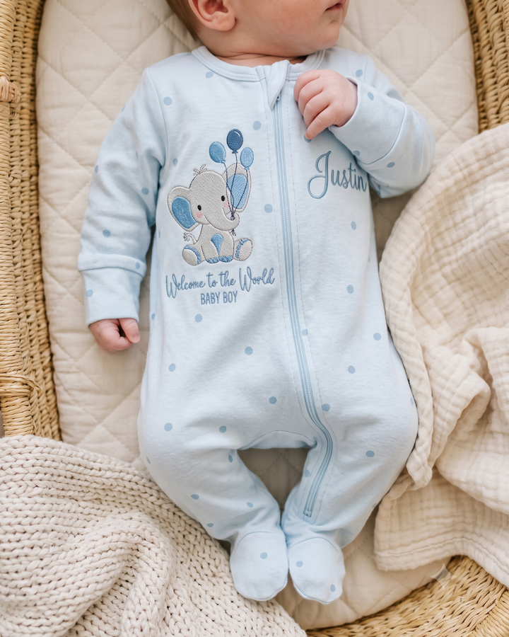 Personalized Welcome Little Elephant Embroidered Bamboo Zipper Footie