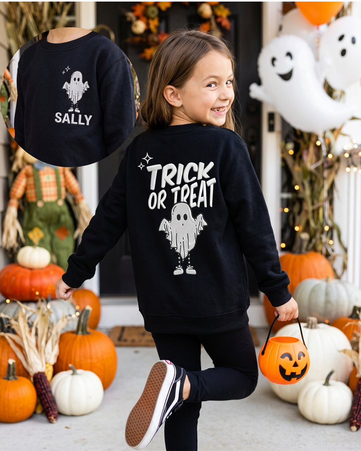 Custom Name Trick or Treat Embroidered Bamboo Crewneck Sweatshirt
