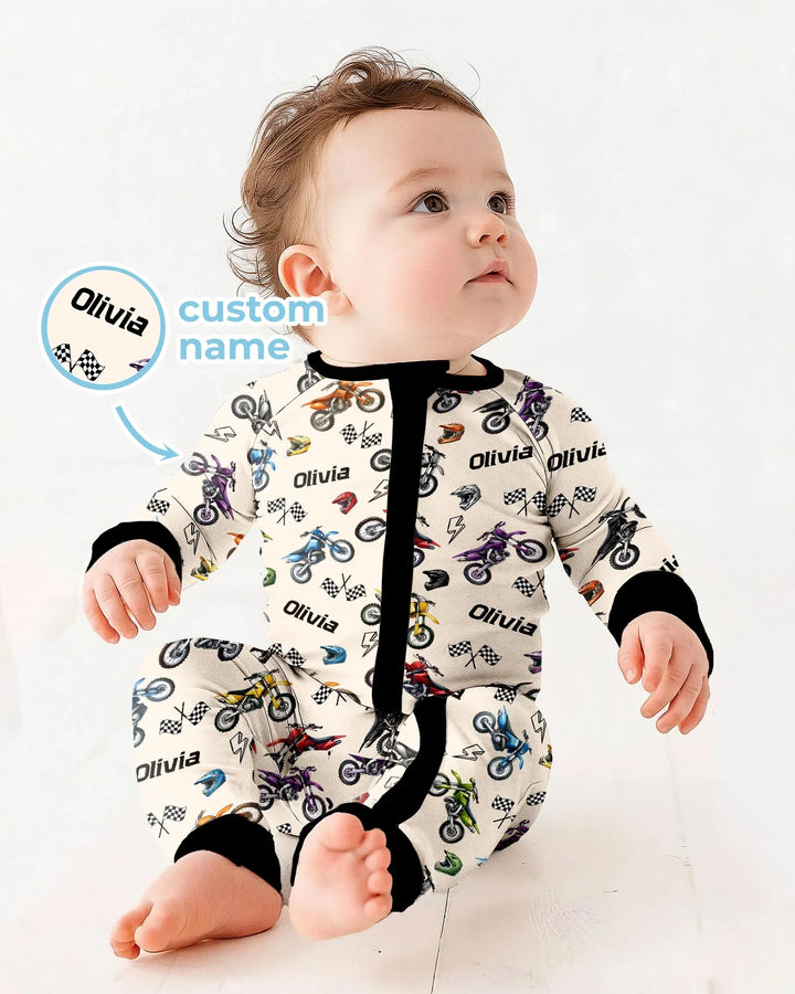 Pijama convertible de bambú con cremallera Little Dirt Bike Rider con nombre personalizado