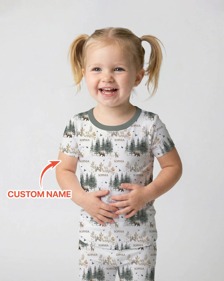 Conjunto de pijama de dos piezas de manga corta con nombre personalizado, bosque, oso, ciervo y bambú