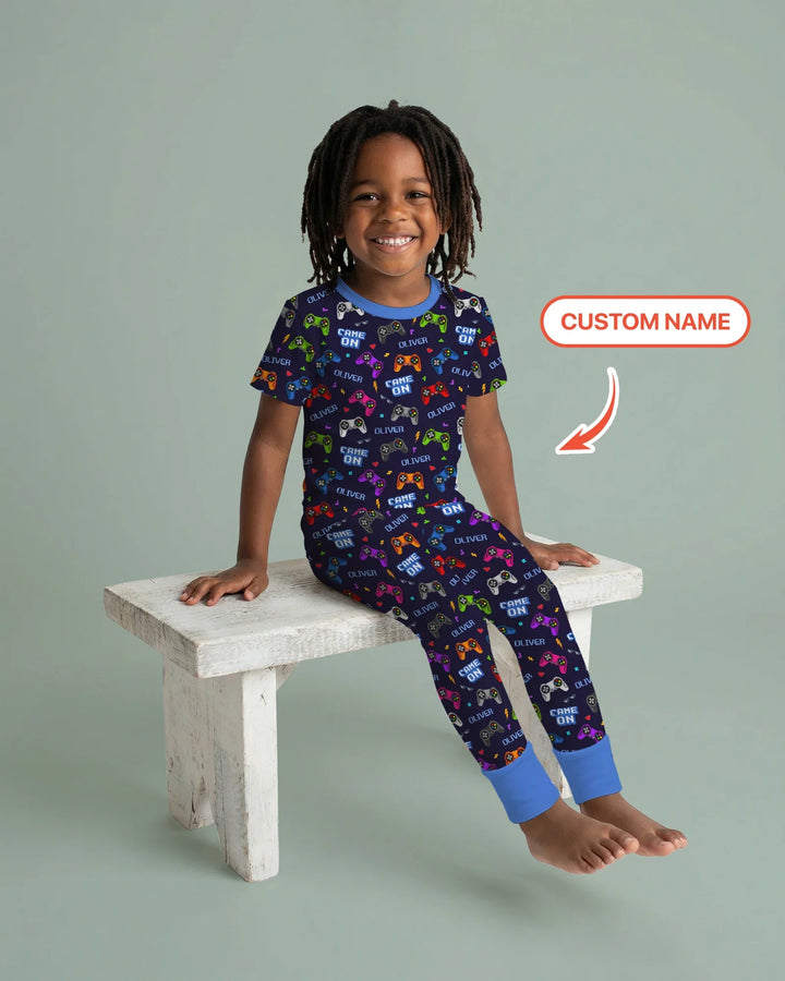 Custom Name Game On Family Matching Bamboo Two Piece Short Sleeve Pajama Set