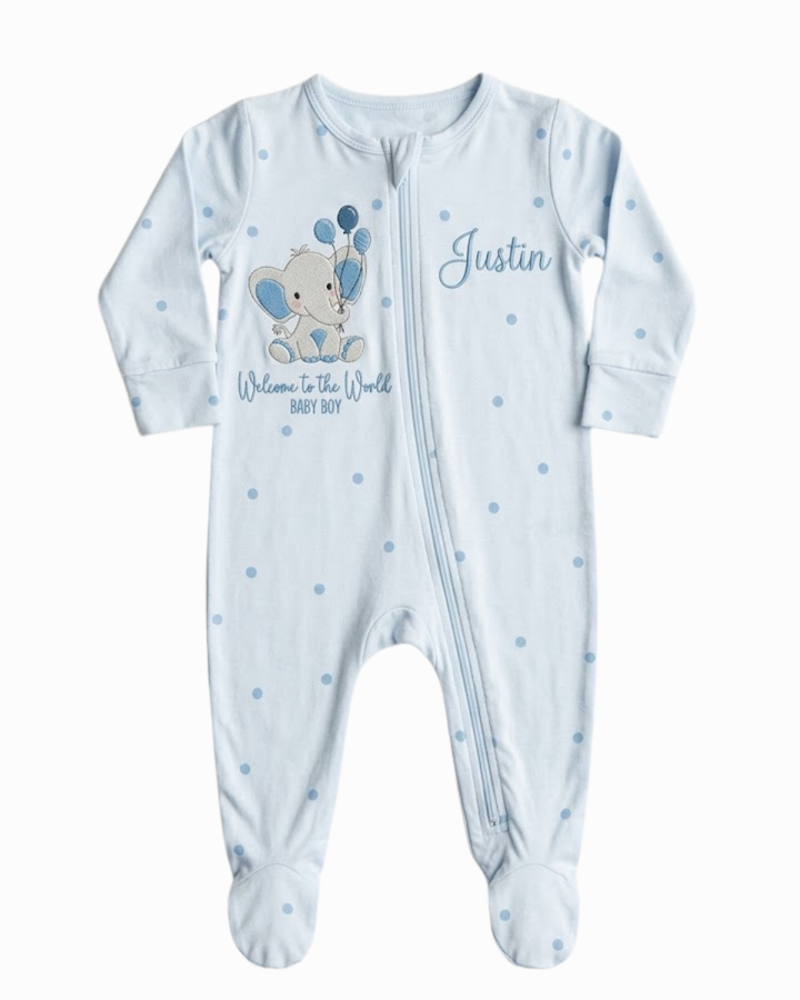 Personalized Welcome Little Elephant Embroidered Bamboo Zipper Footie