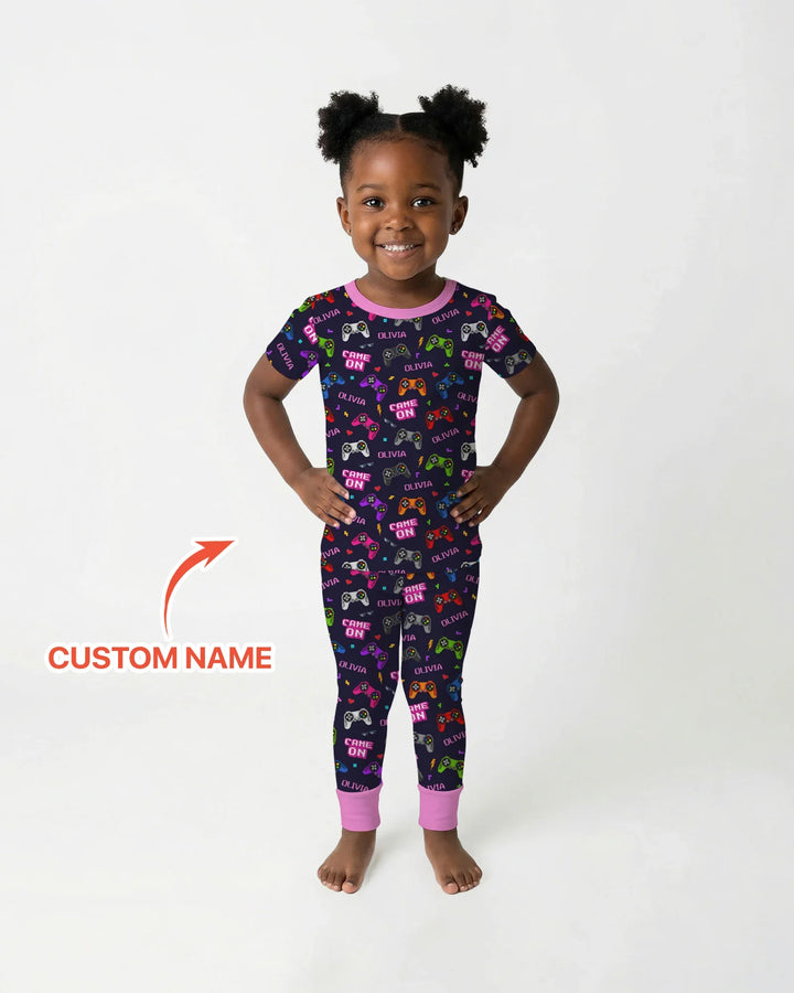 Custom Name Game On Family Matching Bamboo Two Piece Short Sleeve Pajama Set