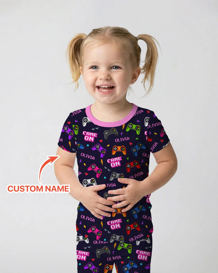 Custom Name Game On Family Matching Bamboo Two Piece Short Sleeve Pajama Set