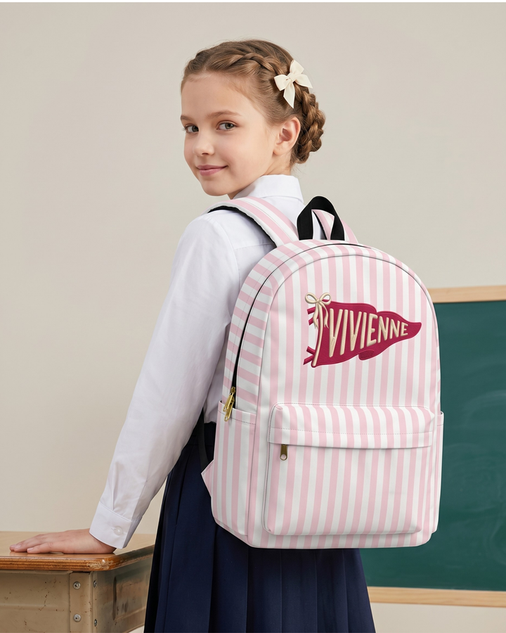 Custom Name Embroidered Pennant Pink Striped Backpack