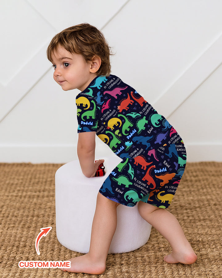 Be Strong and Courageous Dinosaur Christian Bamboo Two Piece Short Sleeve Shorts Pajama Set