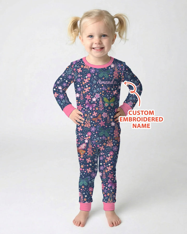 Custom Name Embroidered Colorful Butterfly Bamboo Two Piece Long Sleeve Pajama Set