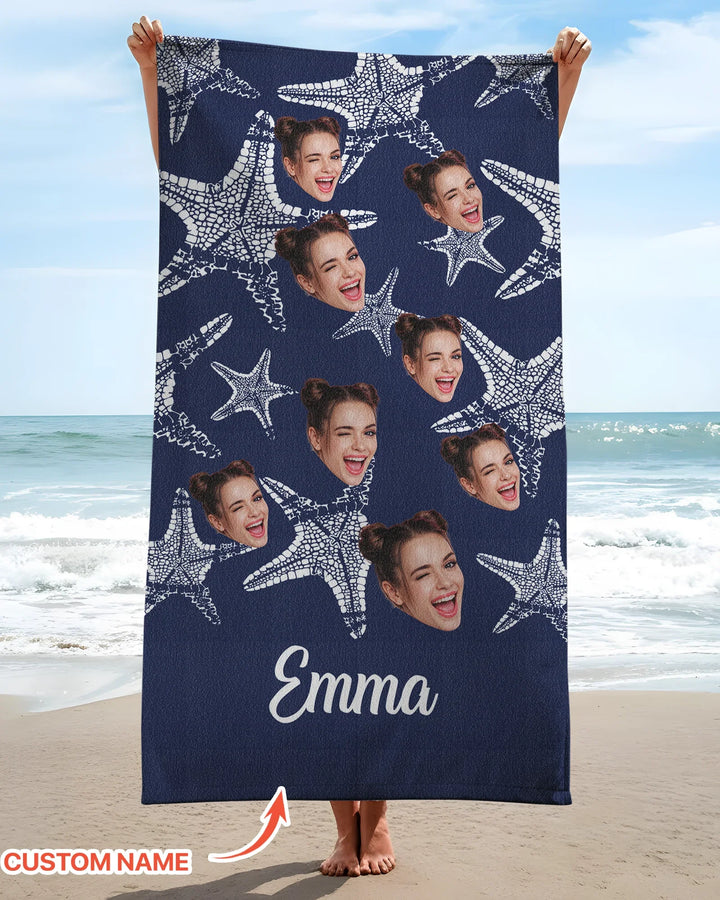 Custom Photo Starfish With Names Bamboo Beach Towel