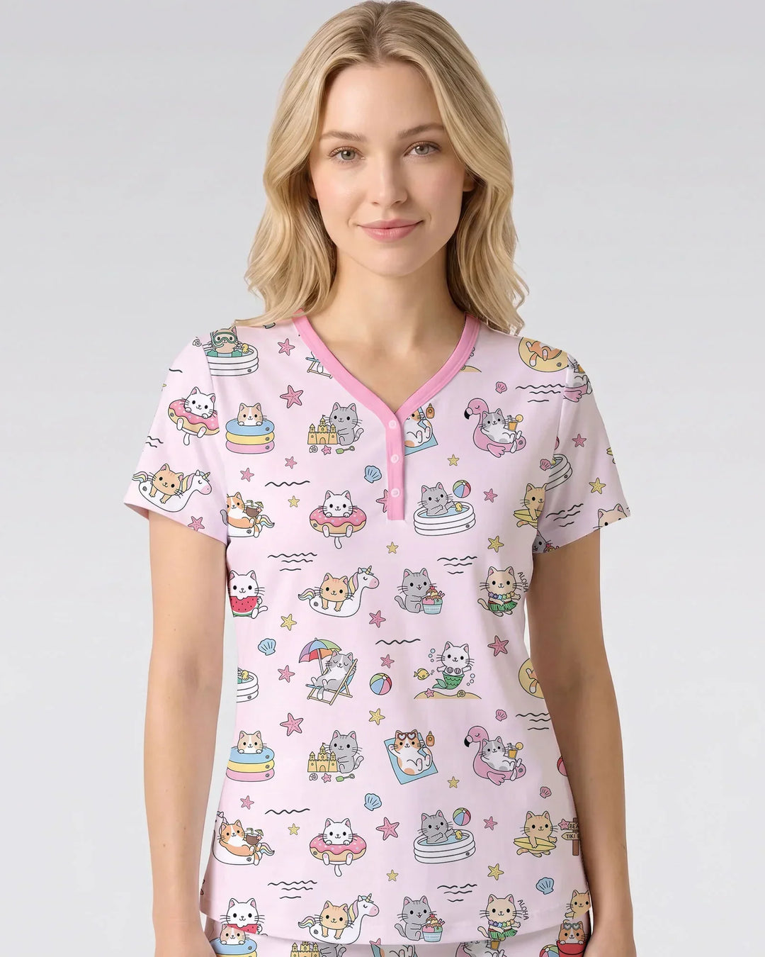 Kawaii Cats Summer Vacation Bamboo Women Short Sleeve Short Pajama Set