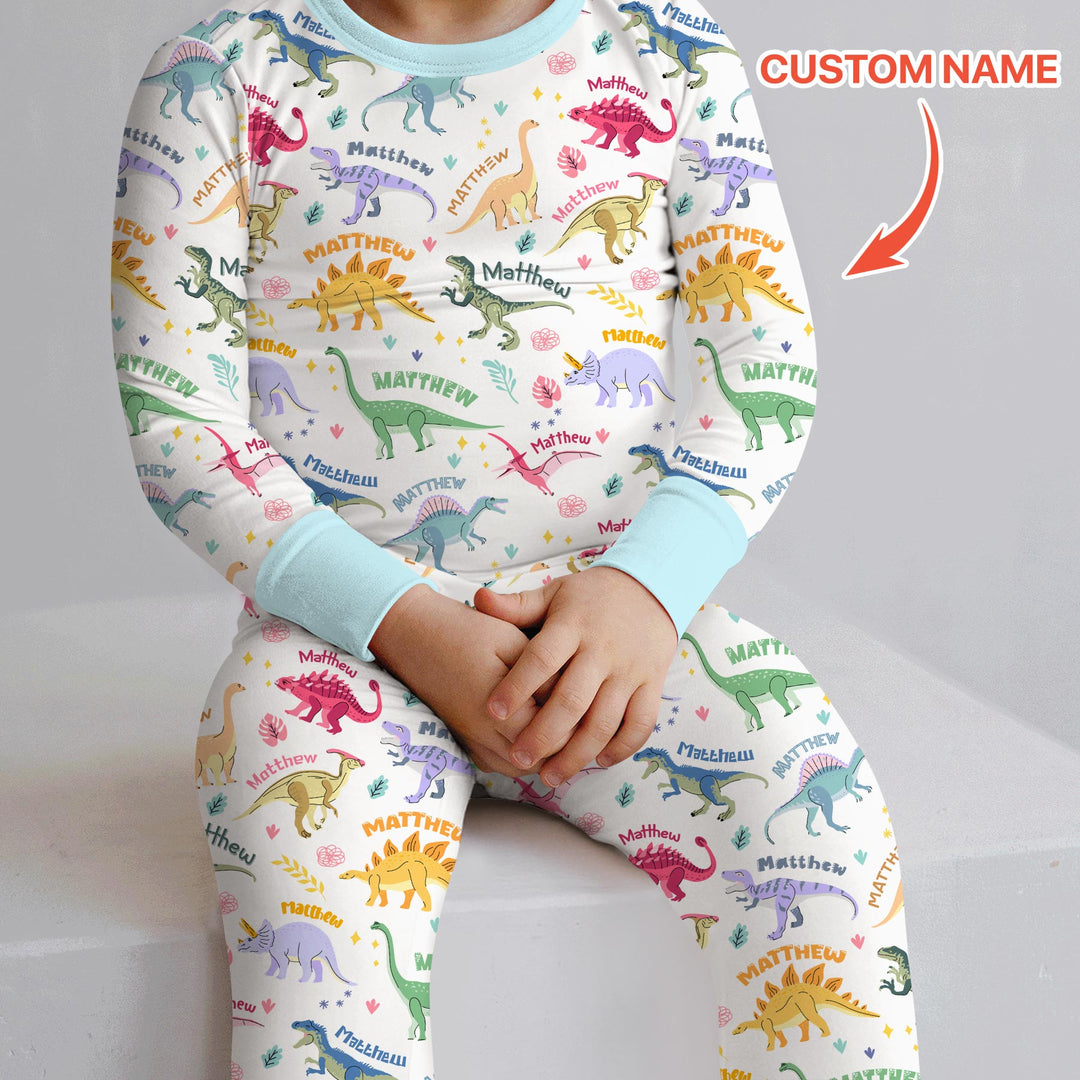 Dino Roar Custom Name Two Piece Long Sleeve Pajama Set
