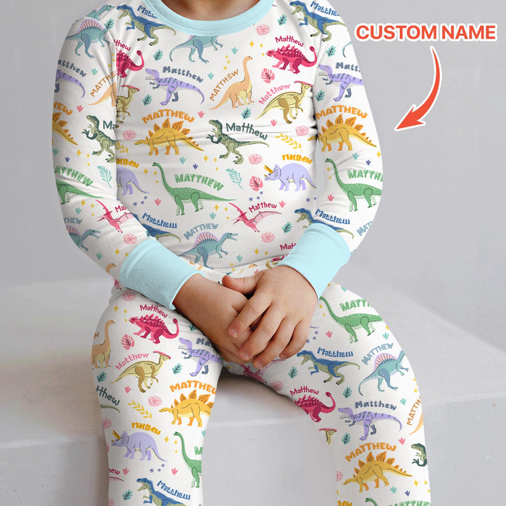 Dino Roar Custom Name Two Piece Long Sleeve Pajama Set