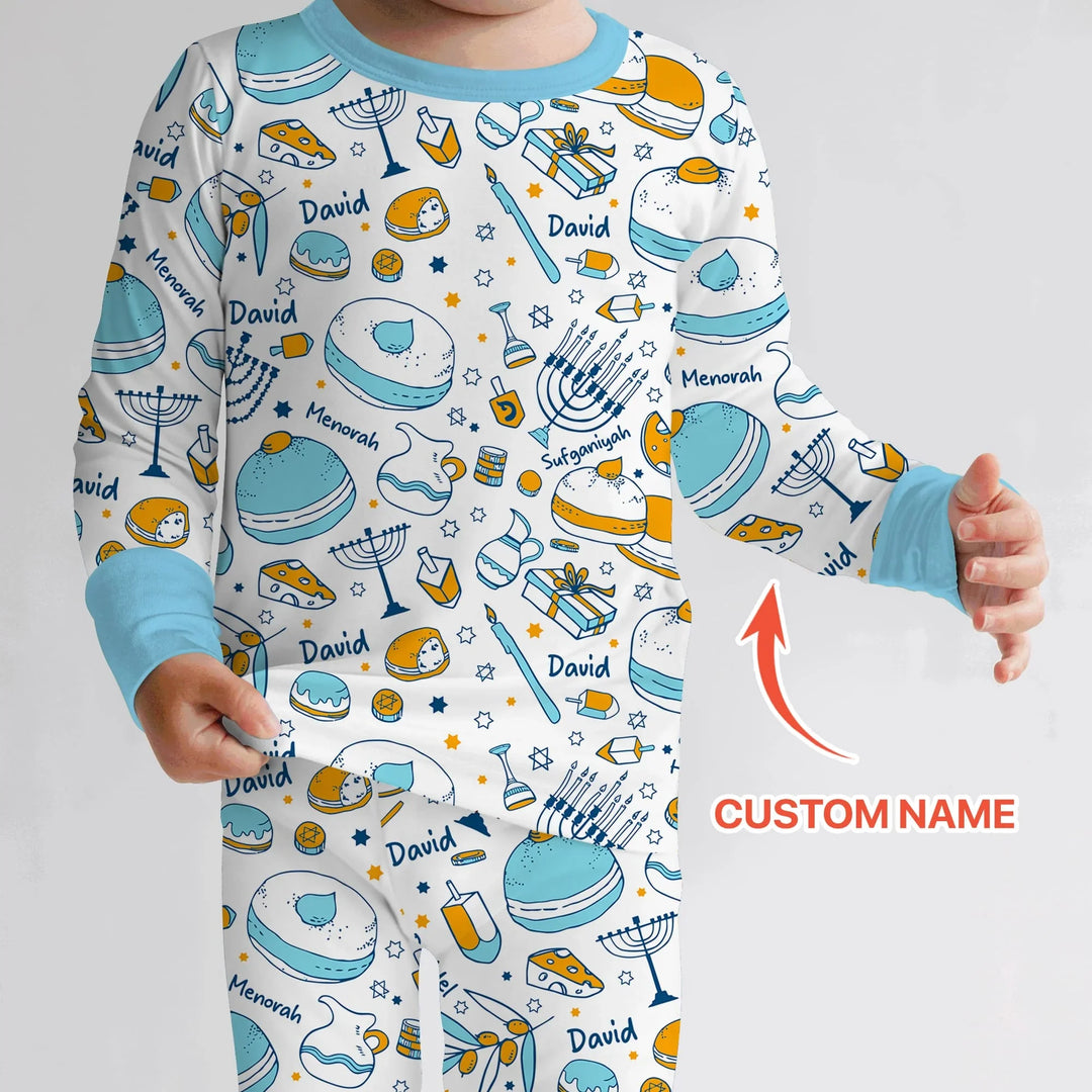 Happy Hanukkah Doodles Custom Name Family Matching Two Piece Long Sleeve Pajama Set