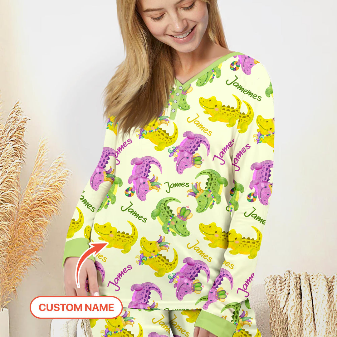 Custom Name Mardi Gras Alligator Women Pajama Set