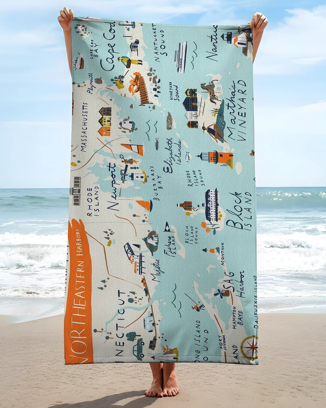 Massachusetts Coastal Explorer Map Bamboo Beach Towel