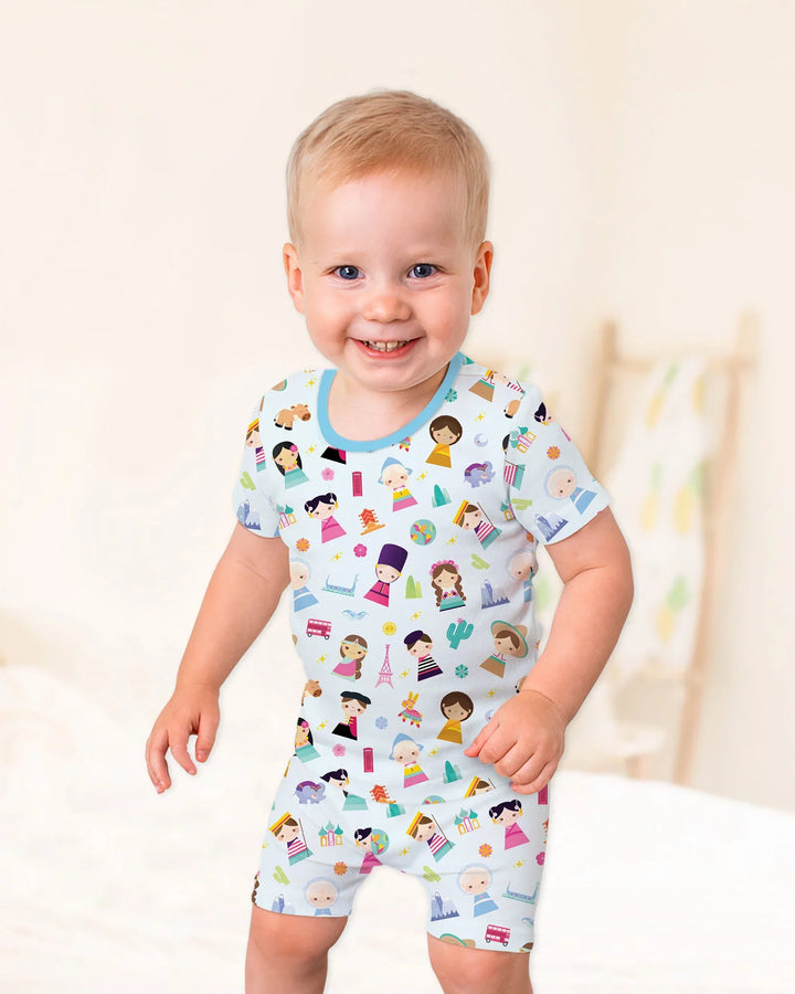 Tiny Friends Around the World Bamboo Two Piece Short Sleeve Shorts Pajama Set